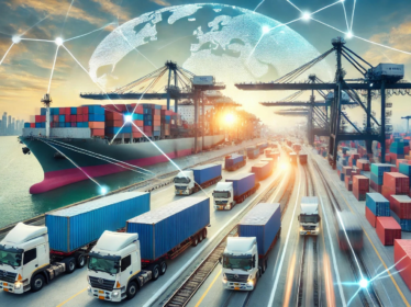 Сучасний логістичний хаб із вантажними автомобілями, контейнерними перевезеннями та великим вантажним судном у порту. Символізує глобальні вантажоперевезення по суші, морю та залізниці.