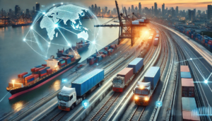 Логістичний центр із вантажними автомобілями, що рухаються по шосе, залізничними вагонами на коліях та контейнерними суднами, що стоять у порту. Чітке розмежування доріг, колій та водних шляхів для коректного відображення глобальної логістики