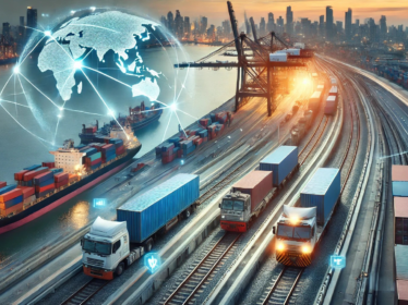 Логістичний центр із вантажними автомобілями, що рухаються по шосе, залізничними вагонами на коліях та контейнерними суднами, що стоять у порту. Чітке розмежування доріг, колій та водних шляхів для коректного відображення глобальної логістики
