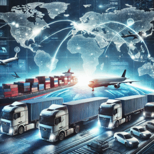 Сучасна логістична сцена міжнародних перевезень у 2025 році. На зображенні зображено фури, вантажні кораблі та літаки, що здійснюють транспортування товарів у великому міжнародному порту. У фоні видно цифрову карту світу з позначеними логістичними маршрутами, що символізують глобальну торгівлю та зростання українського експорту.