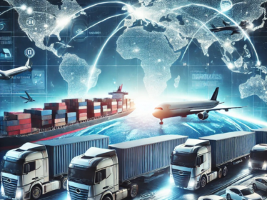 Сучасна логістична сцена міжнародних перевезень у 2025 році. На зображенні зображено фури, вантажні кораблі та літаки, що здійснюють транспортування товарів у великому міжнародному порту. У фоні видно цифрову карту світу з позначеними логістичними маршрутами, що символізують глобальну торгівлю та зростання українського експорту.