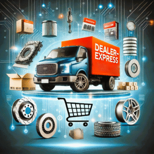 "Промо-зображення відкриття інтернет-магазину автозапчастин Dealer-Express. Сучасна вантажівка, оточена автозапчастинами (гальмівні диски, масляні фільтри, шини тощо), та іконка цифрового кошика для покупок. Фон із технологічним стилем, що підкреслює онлайн-характер магазину."