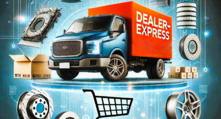 "Промо-зображення відкриття інтернет-магазину автозапчастин Dealer-Express. Сучасна вантажівка, оточена автозапчастинами (гальмівні диски, масляні фільтри, шини тощо), та іконка цифрового кошика для покупок. Фон із технологічним стилем, що підкреслює онлайн-характер магазину."