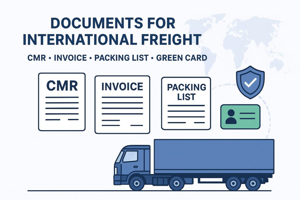 Інфографіка з основними документами для міжнародних вантажних перевезень: CMR, Invoice, Packing List і Зелена карта. Унизу зображена синя вантажівка, поруч іконки документів та глобальна карта на фоні.