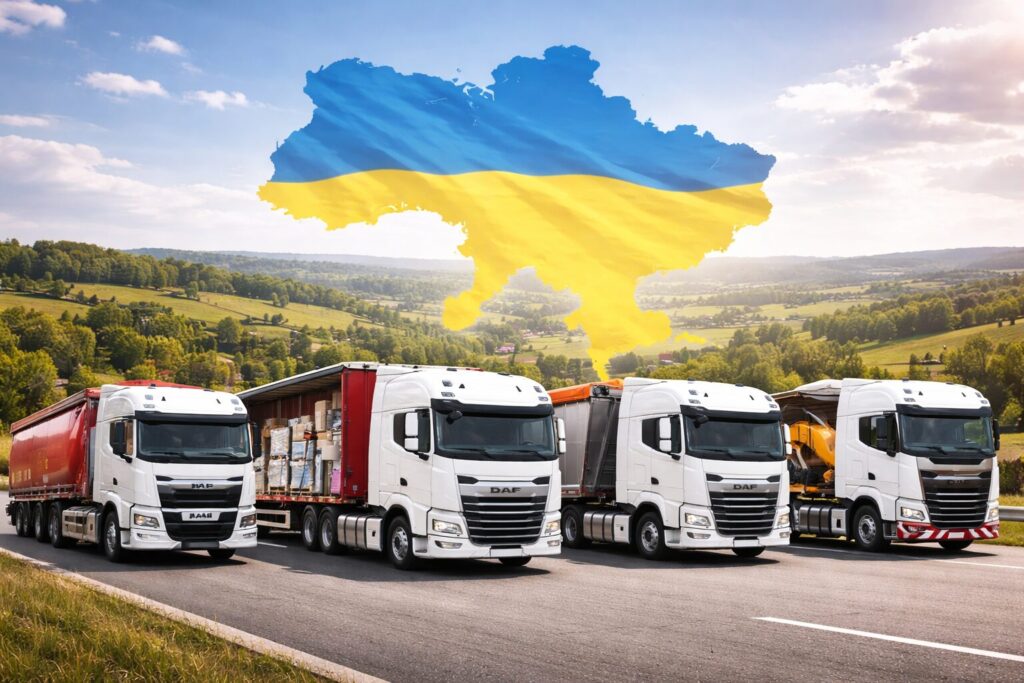 Вантажні автомобілі виконують перевезення по всій території України; на фоні зображена карта України, що символізує роботу логістичної компанії по країні.