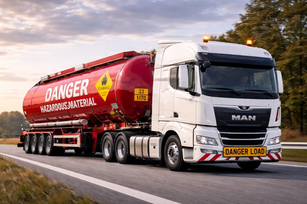 Вантажівка MAN з червоною цистерною перевозить небезпечні вантажі автошляхом; на цистерні розміщене ADR-маркування та знаки займистих матеріалів.