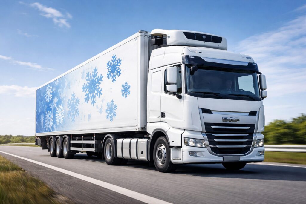 Сучасна вантажівка DAF з рефрижераторною будкою їде трасою; на білому причепі зображені сині сніжинки, що символізують холодильні перевезення, на фоні неба та дороги.